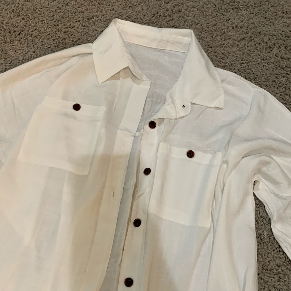 Bohemian White Shirt Dress Button Up Cotton Linen - Picture 9 of 9